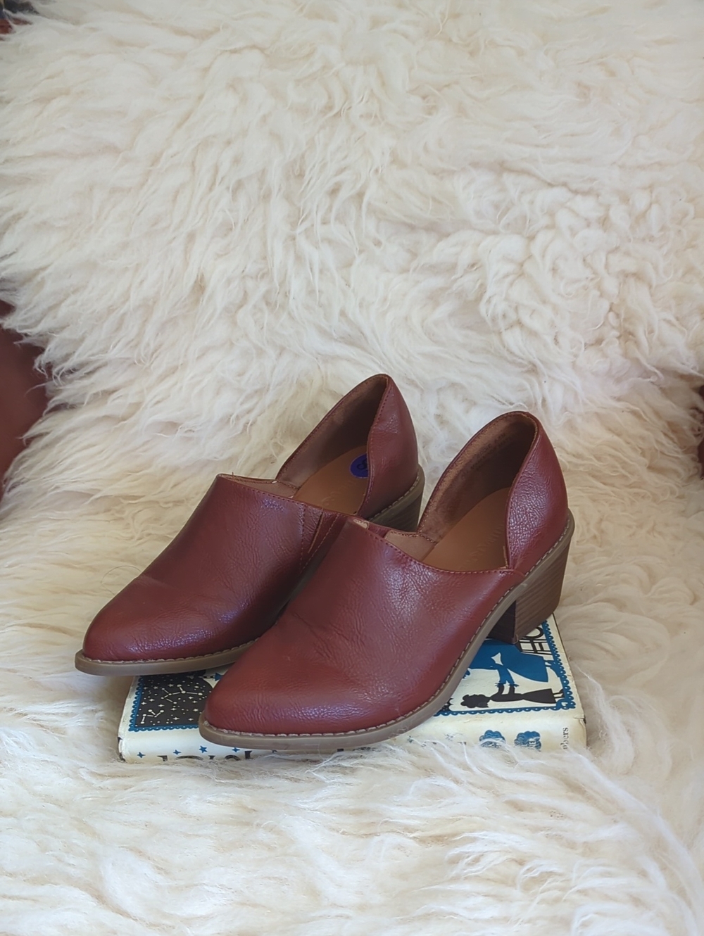 Women's Brown Leather Block Heel Slip-On Shoes